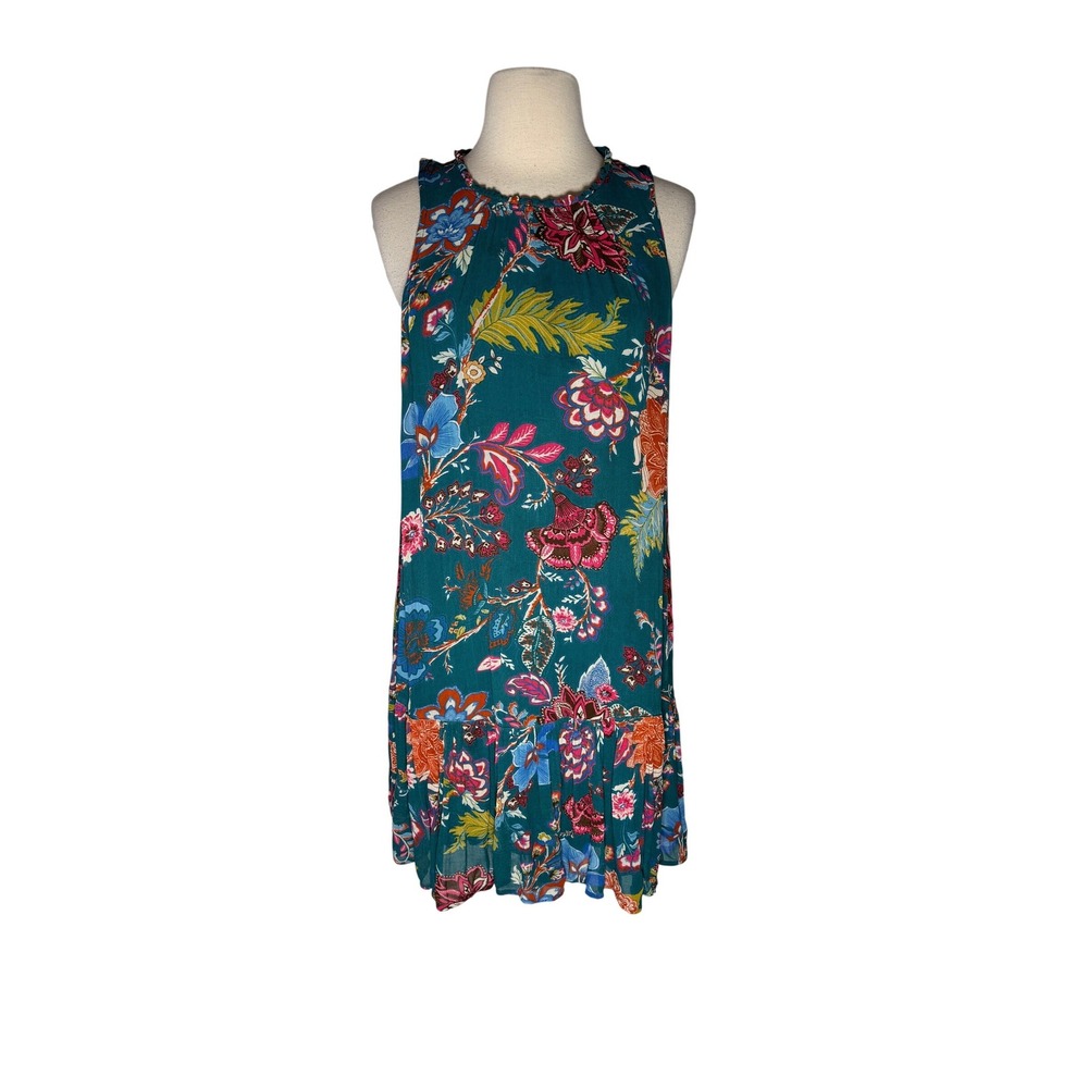 Teal Floral Ruffle Neck Sleeveless Tiered Hem Dress Women